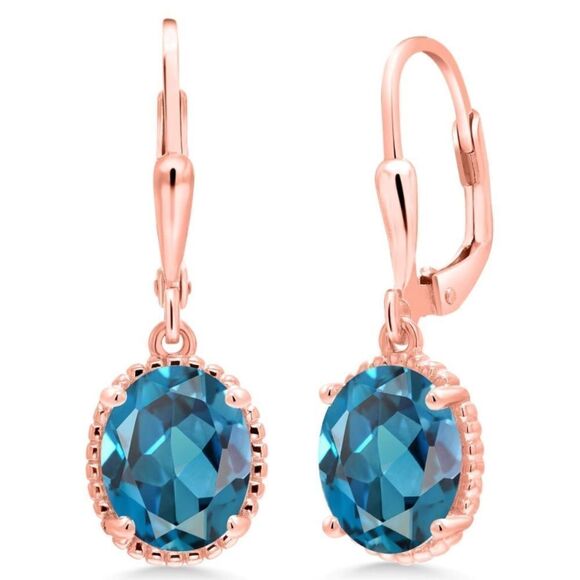 18K Rose Gold 925 with 4.50 Cttw London Blue Topaz Oval Leverback Hook Earrings